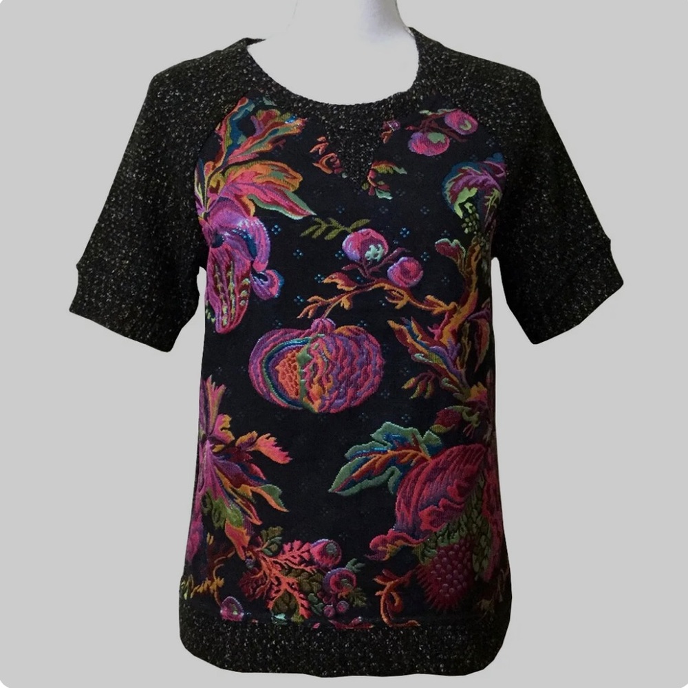 Anthropologie JAMES COVIELLO Metallic Brocade Front Short Sleeve Sweater Top S